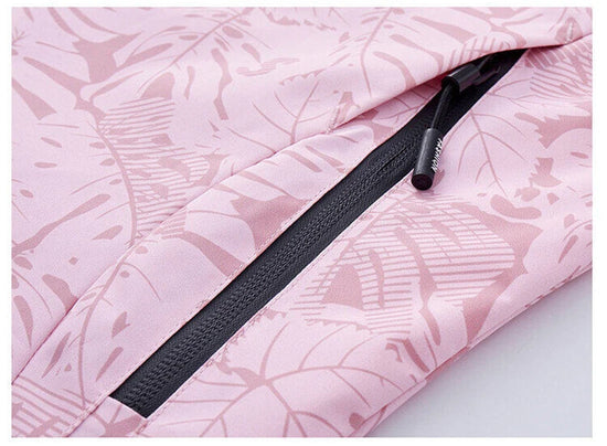 Giacca running donna con stampa foglia, cappuccio staccabile – antivento, waterproof e versatile per hiking