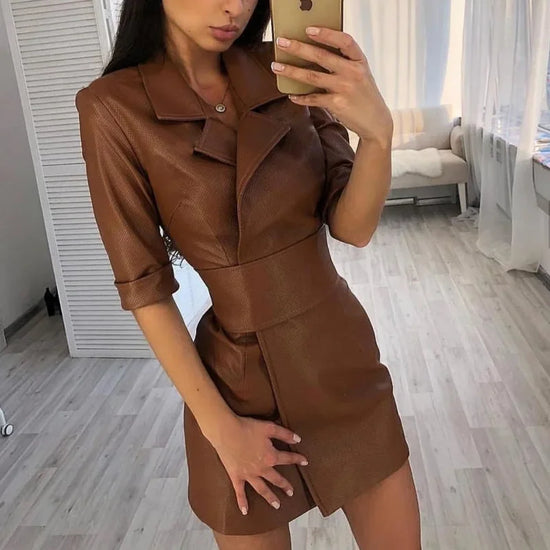 Cappotto in PU leather da donna 2025 – giacca long con cintura, stile elegante per autunno/inverno