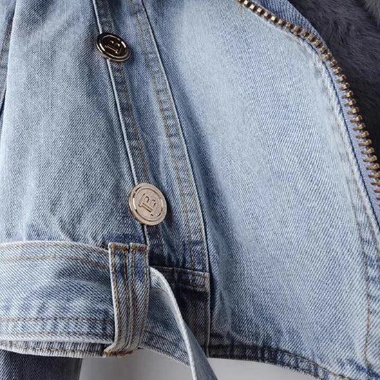 Giacca in denim con colletto in pelliccia di volpe sintetica per donna – Giacca corta imbottita con fodera in pelliccia di coniglio, per l'inverno