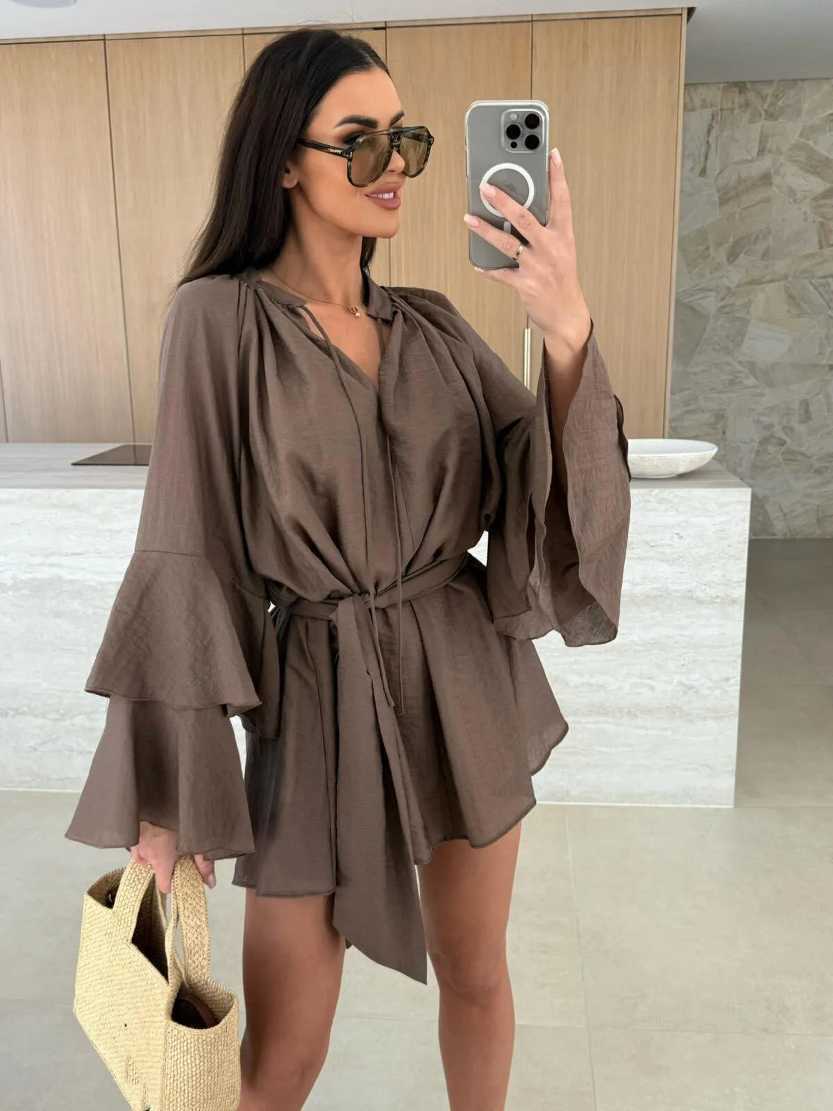 Abito Mini Casual a-Line con Scollo a V, Volant e Lacci