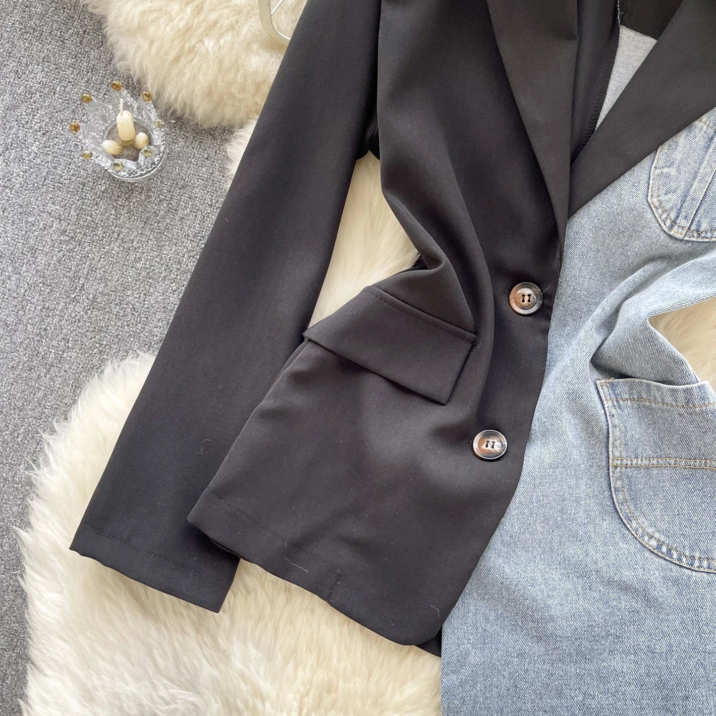 Giacca patchwork in denim con rever 2025 – blazer overshirt donna doppio bottone, vita slim, stile commuter