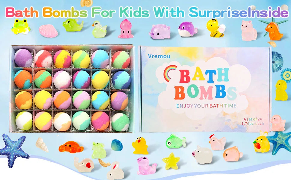Bombe da Bagno Bambini con Sorpresa 24 Pezzi – Palline da Vasca Colorate con Giochi