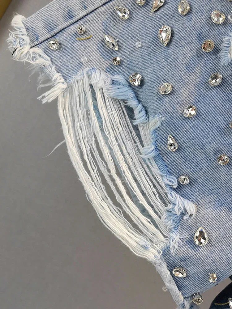 Shorts jeans donna Y2K vita alta con strass e frange – Primavera 2025