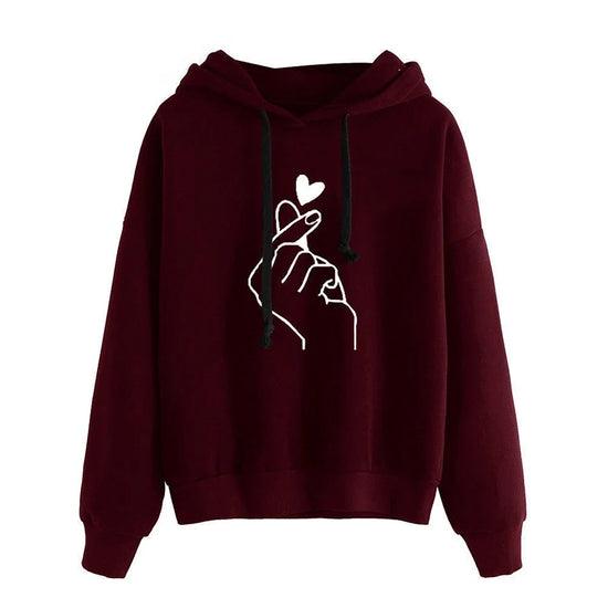 Felpa autunnale con cappuccio e cuore con dito – felpa oversize in pile con tasche e coulisse per look casual e trendy