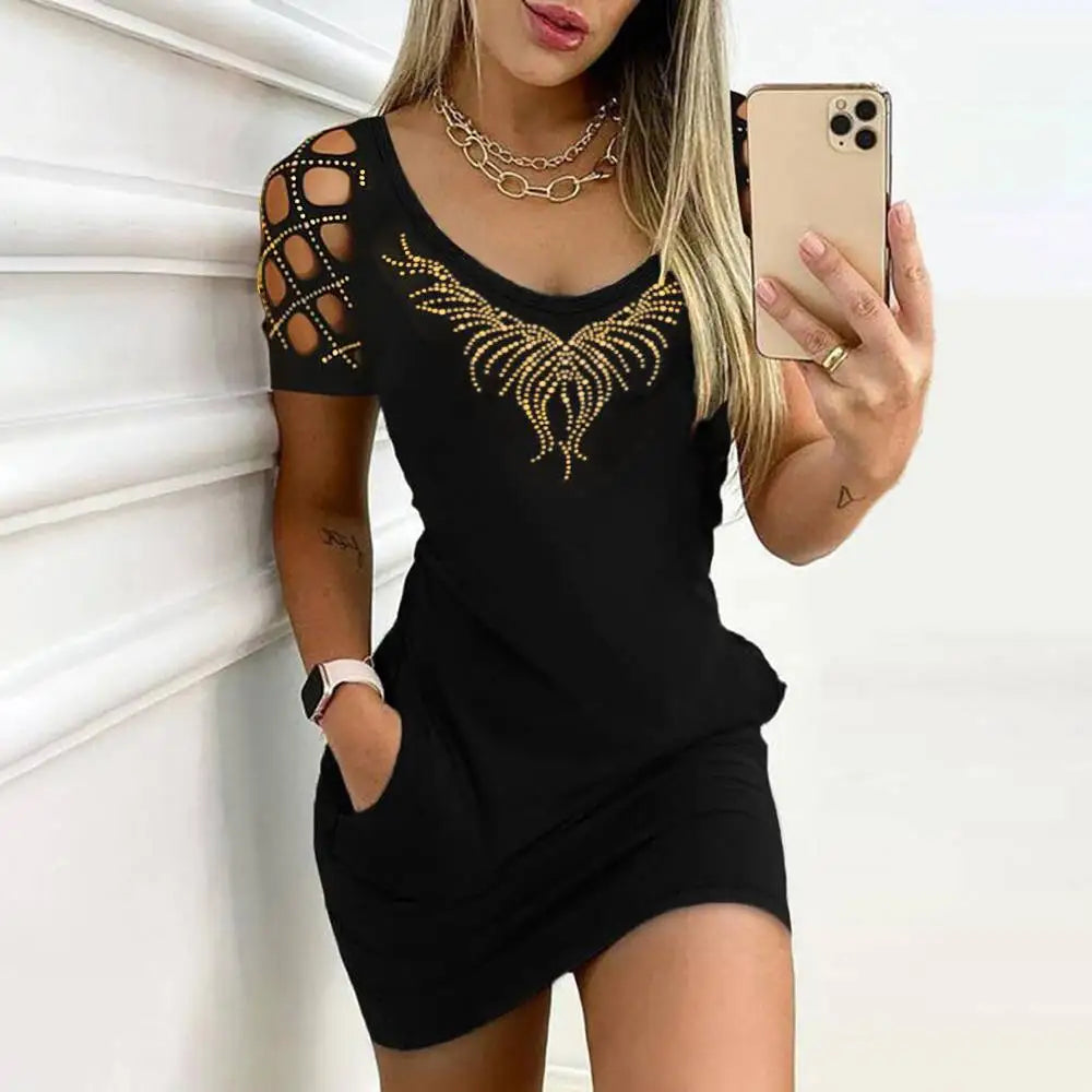 Mini Dress Bodycon Paillettes Donna – O‑Neck, Maniche Corte, Estate 2025
