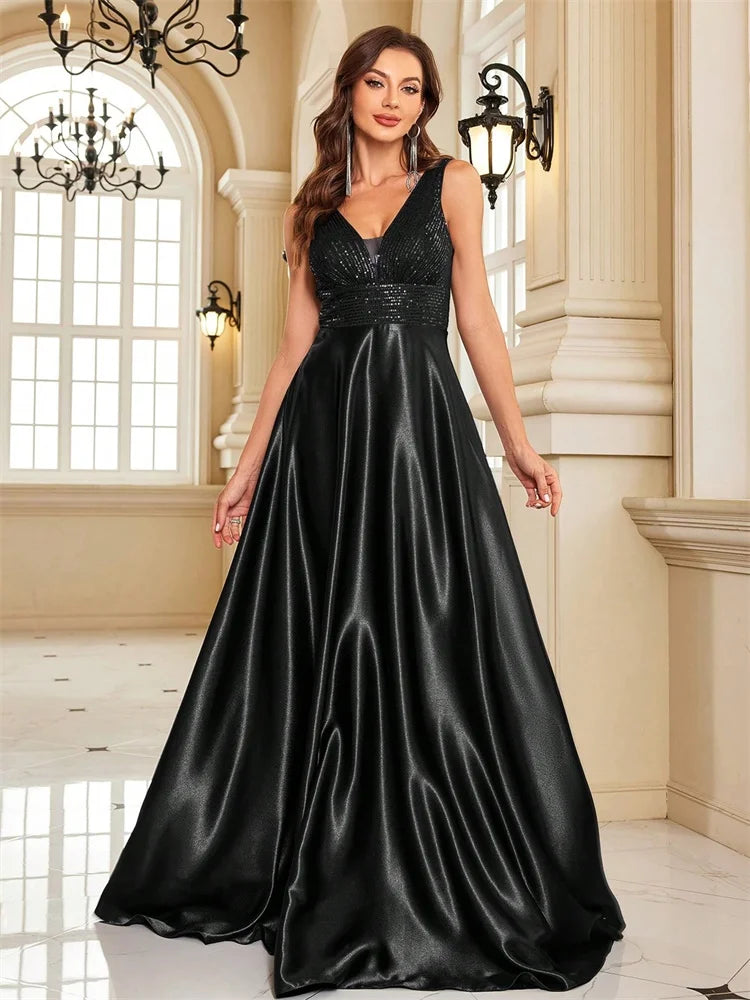 Abito Lungo Elegante Donna con Paillettes e Scollo V – Vestito Cerimonia Matrimonio