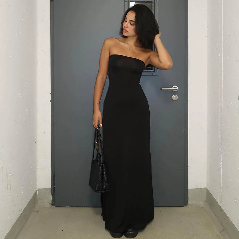 Abito Nero Elegante HugCitar – Maxi Dress Strapless Bodycon per Cerimonie, Party e Serate