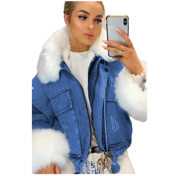 Giacca denim corta con collo in pelliccia sintetica donna – giubbotto fur collar trendy 2025