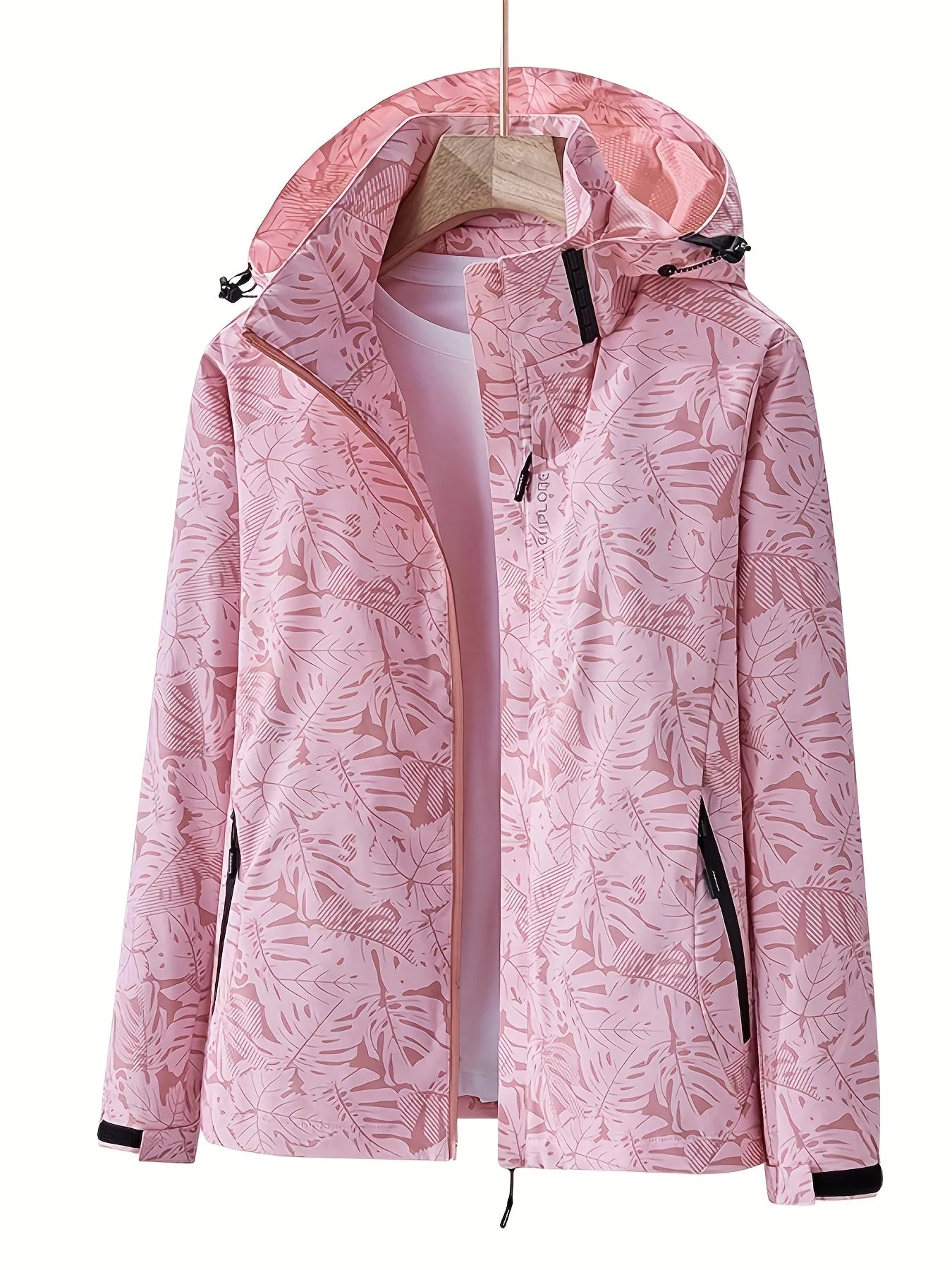 Giacca running donna con stampa foglia, cappuccio staccabile – antivento, waterproof e versatile per hiking