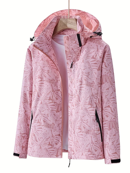 Giacca running donna con stampa foglia, cappuccio staccabile – antivento, waterproof e versatile per hiking
