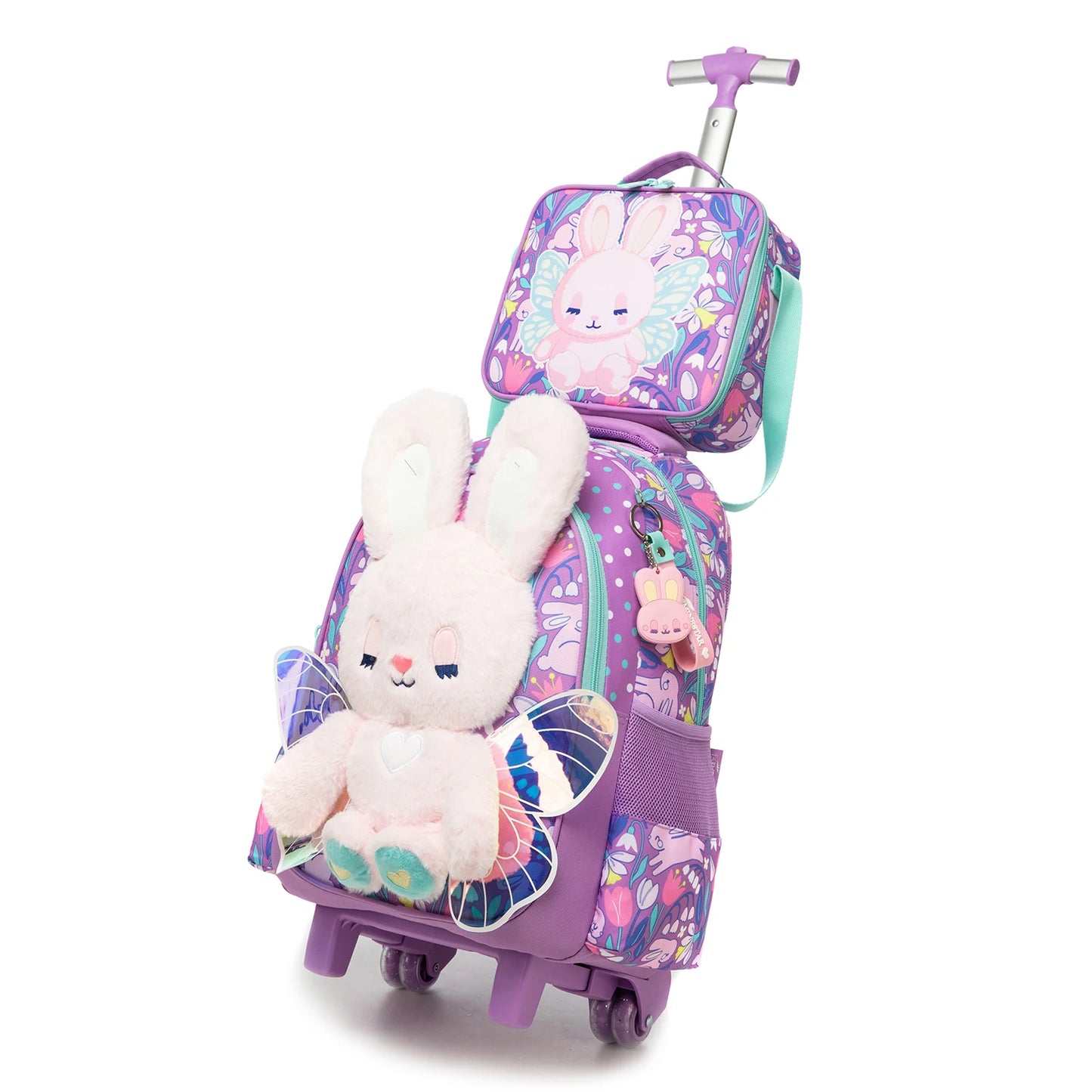 Girls 3D Plush Cat Rolling Backpack 3PCS Set - Waterproof Trolley School Bag with Wheels, Insulated Lunch Bag and Pencil Pouch -