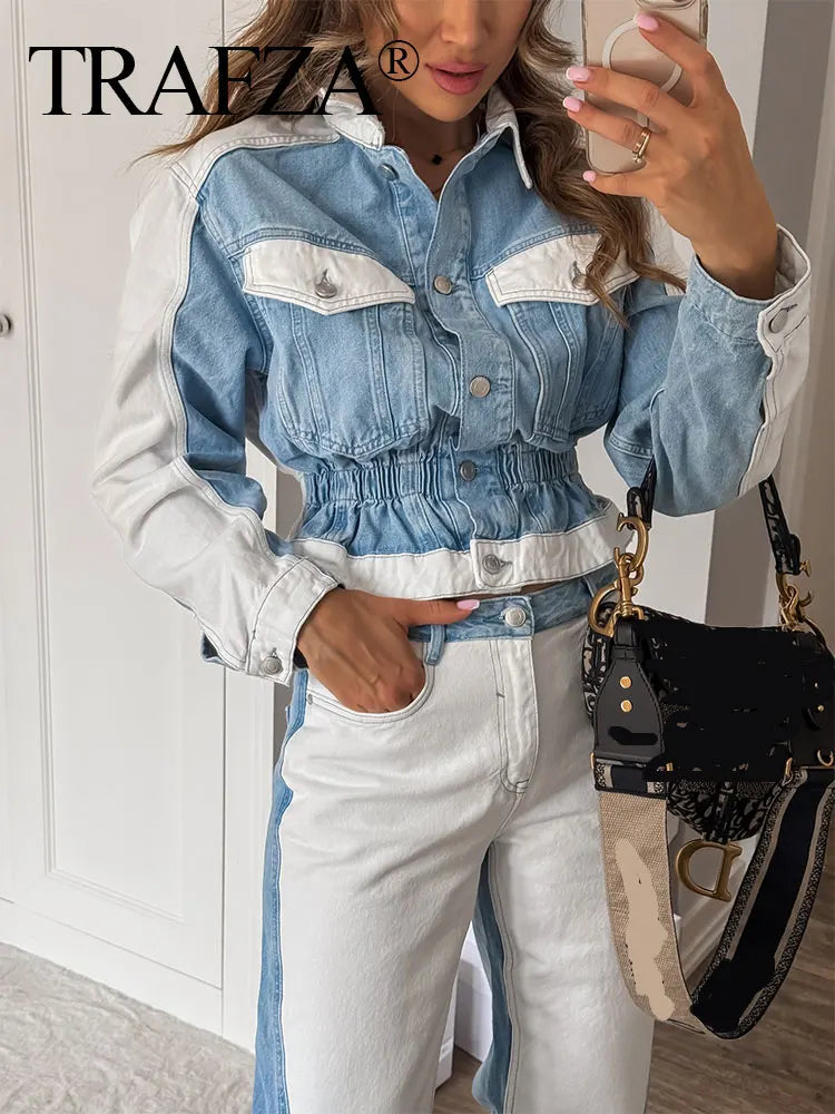 Set patchwork denim donna 2025 ‒ completo giacca monopetto + pantaloni wide-leg, look autunnale fashion con tasche