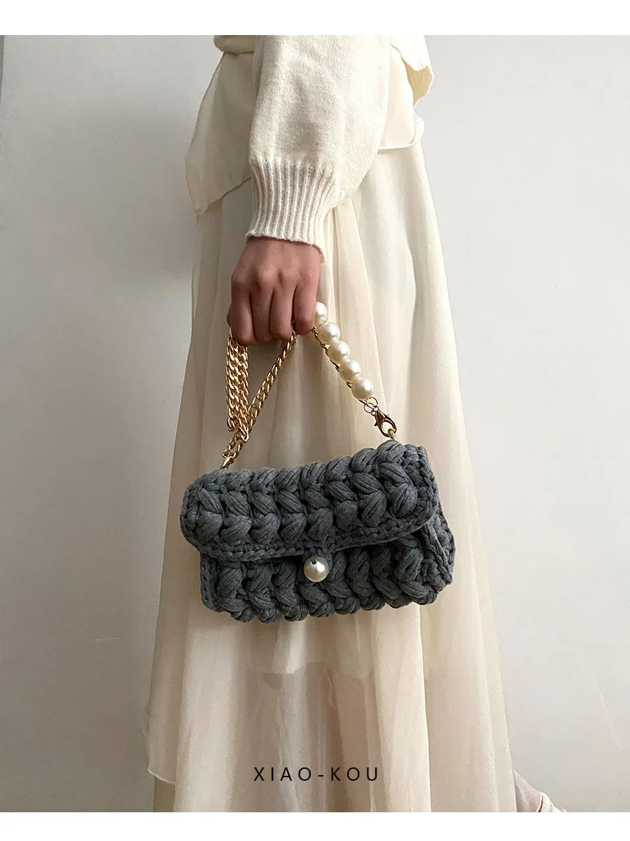Borsa Donna Crochet a Spalla Uncinetto con Perle e Catena – Design Crossbody