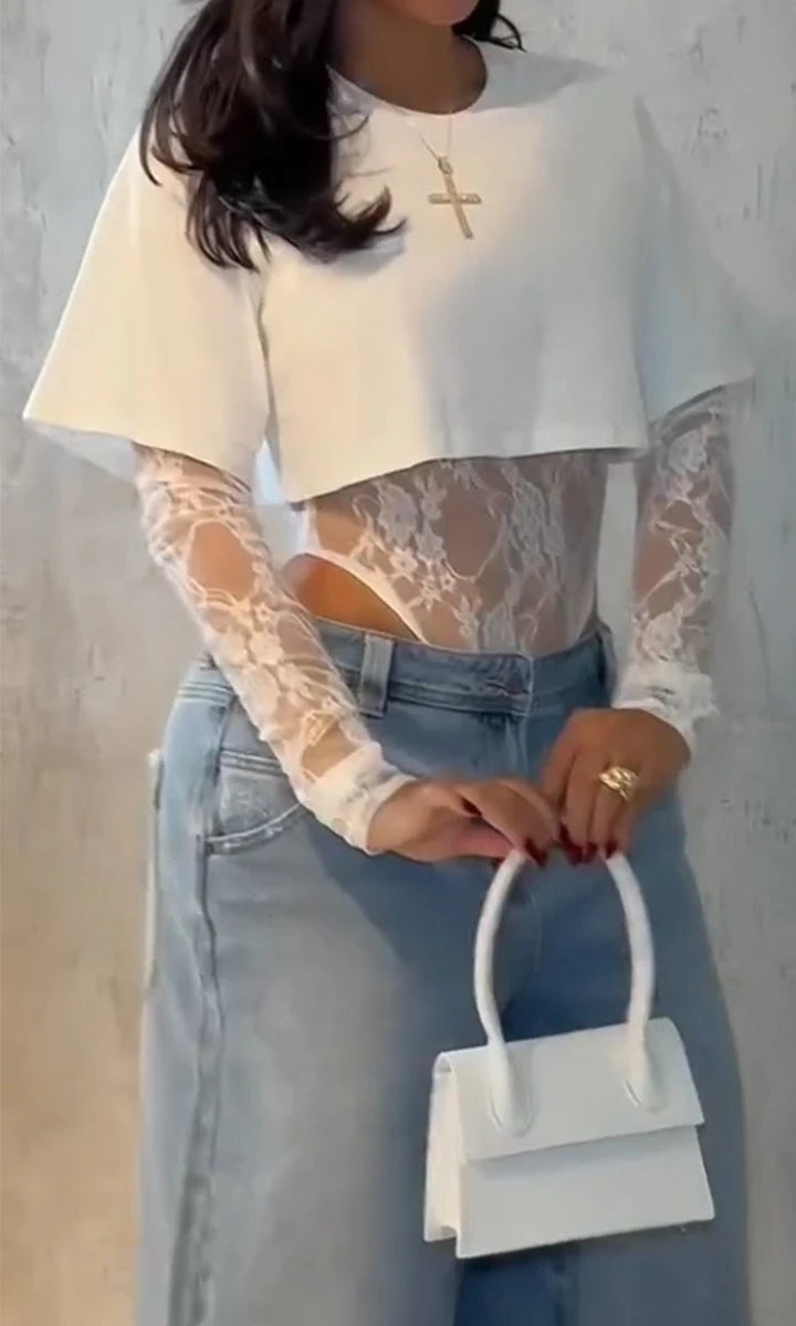 Body donna in pizzo a maniche lunghe, bianco o nero