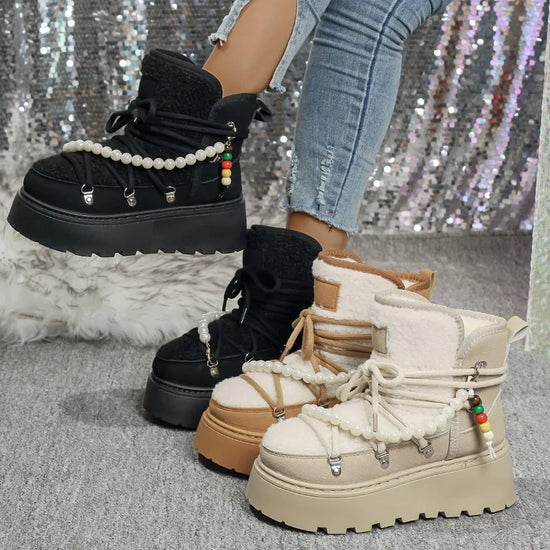 Stivali da neve donna invernali pelliccia – short boots imbottiti lamb-fur, punta tonda, stile retrò per città e montagna