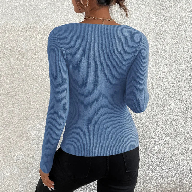 Maglia donna a costine con scollo a V e maniche lunghe