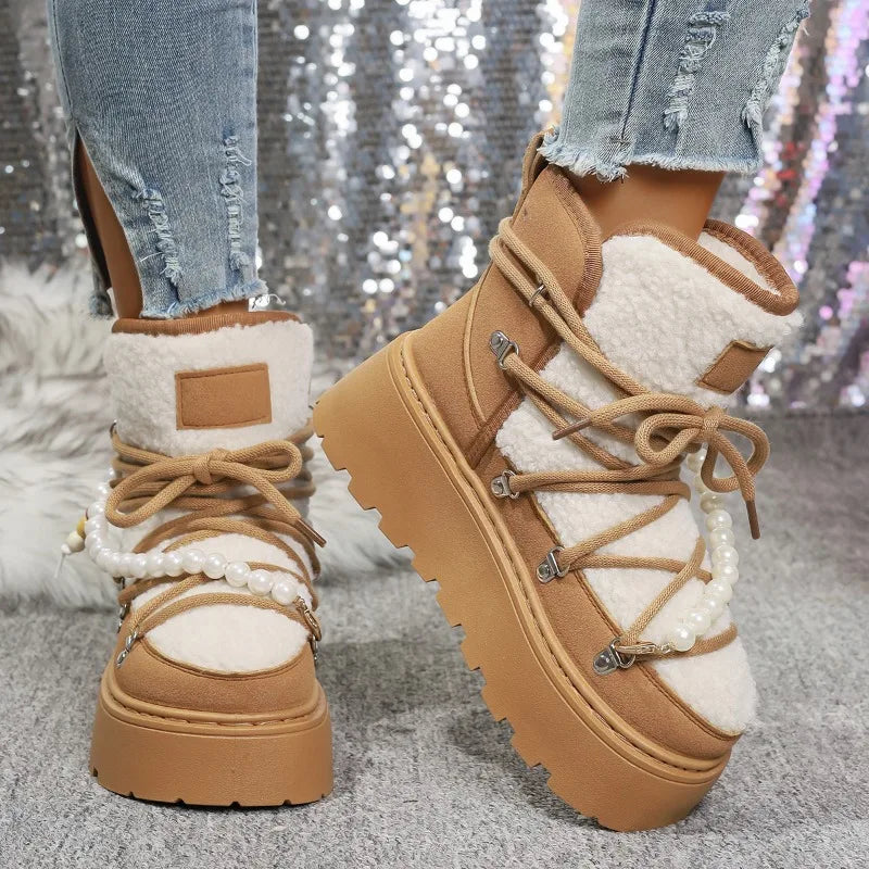 Stivali da neve donna invernali pelliccia – short boots imbottiti lamb-fur, punta tonda, stile retrò per città e montagna