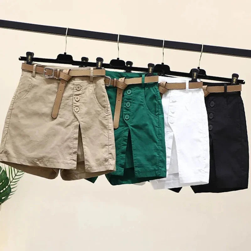 Gonna Pantaloncino Donna Vita Alta – Shorts A-Line con Bottoni