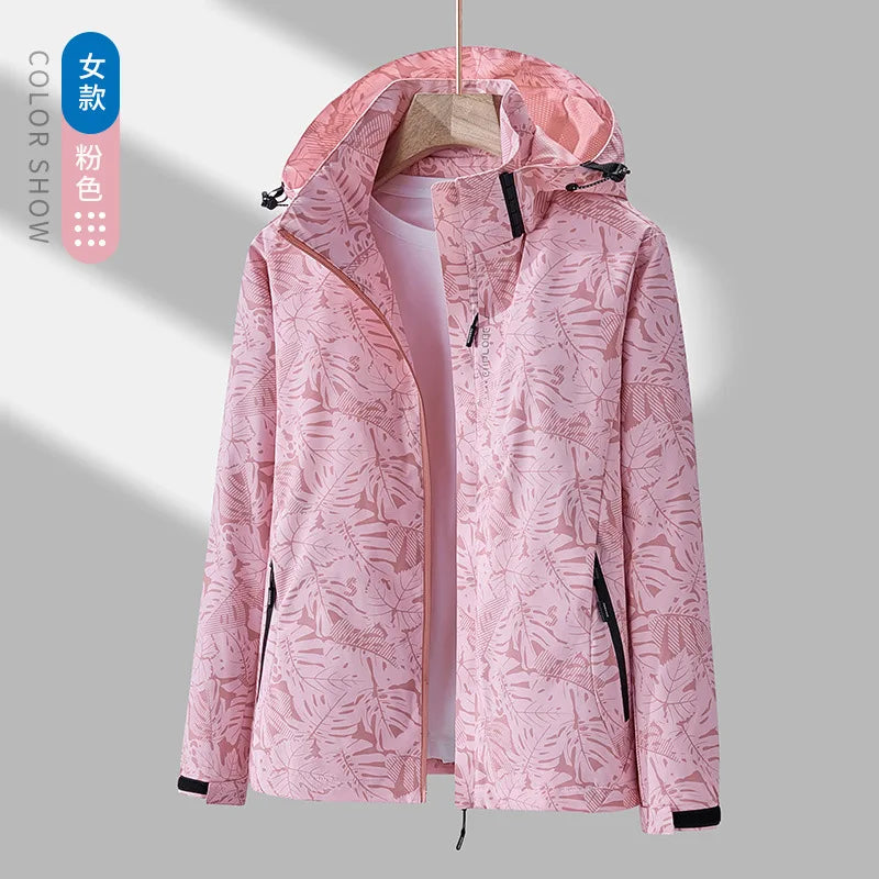Giacca running donna con stampa foglia, cappuccio staccabile – antivento, waterproof e versatile per hiking