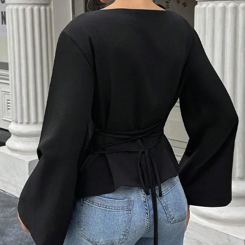 Maglia nera manica lunga con cappuccio da donna – stile elegante per pendolarismo, primavera/autunno, colore puro, poliestere, scollo rotondo
