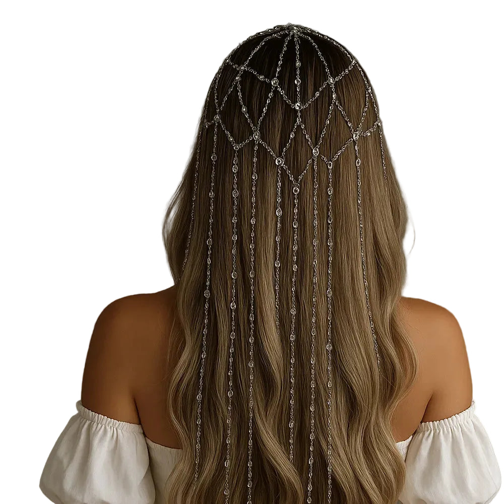 Copricapo Gioiello Donna con Strass e Frange – Oro o Argento