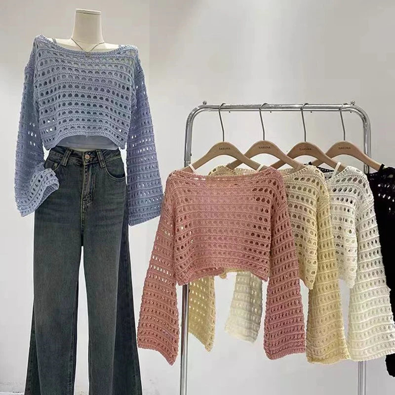 Top a manica lunga in maglia crochet donna –  boho chic trasparente