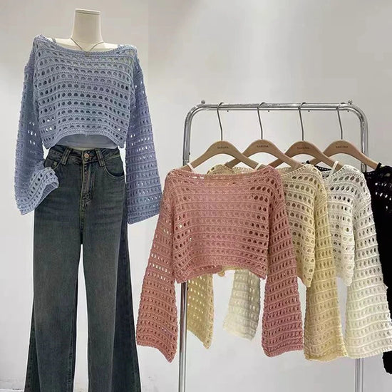 Top a manica lunga in maglia crochet donna –  boho chic trasparente