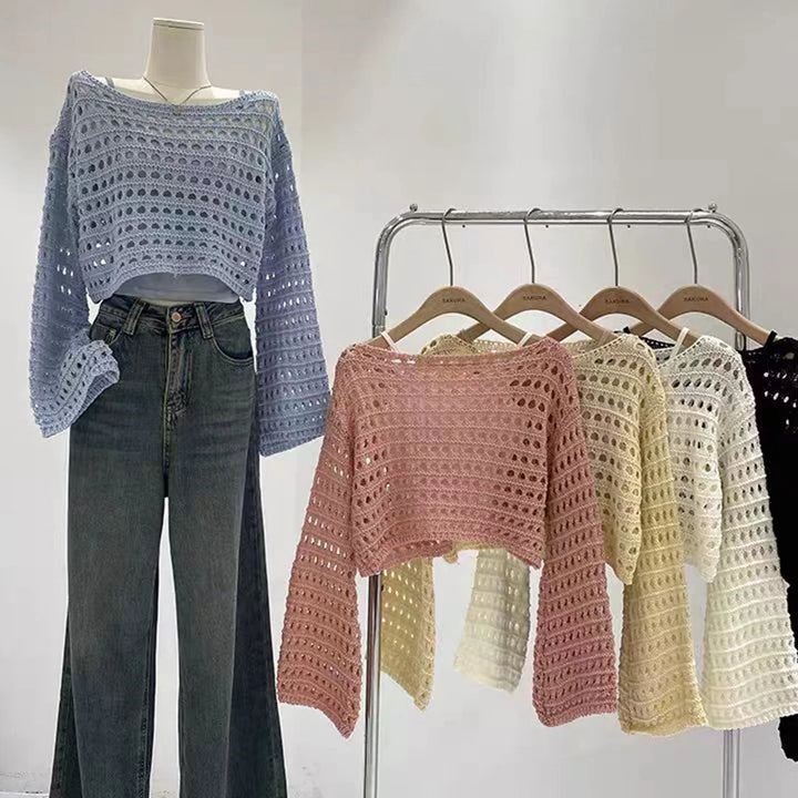 Top a manica lunga in maglia crochet donna –  boho chic trasparente