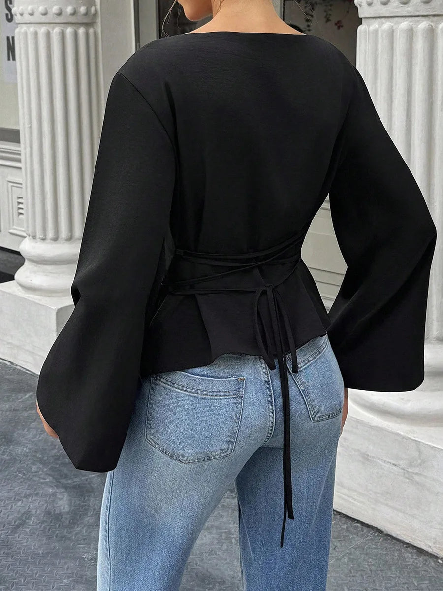 Maglia nera manica lunga con cappuccio da donna – stile elegante per pendolarismo, primavera/autunno, colore puro, poliestere, scollo rotondo