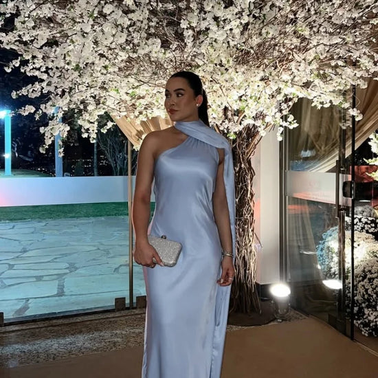 Abito da sera in raso con fiocco per donna – abito elegante schiena scoperta