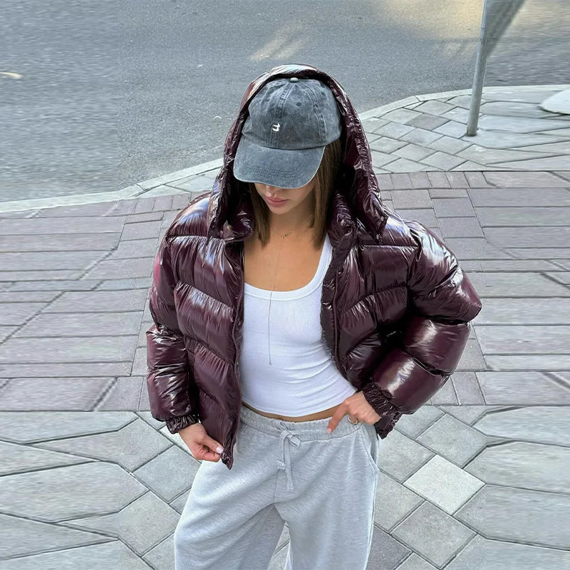Piumino Corto Donna Lucido con Cappuccio e Zip - immagine 24