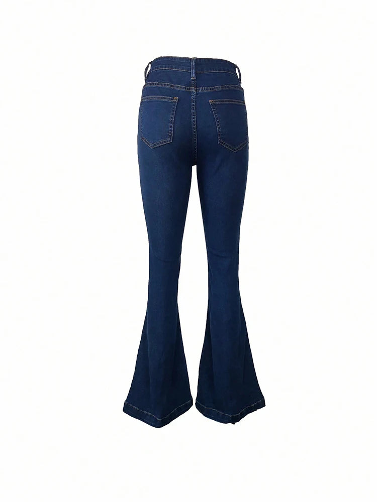 Jeans Donna Vita Alta a Zampa Slim in Denim Blu Scuro – Modello Lungo con Bottoni Multipli e Vestibilità Snellente