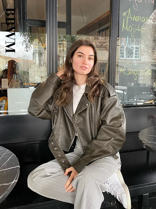 Giacca oversize in ecopelle da donna con cintura – bomber biker vintage streetwear