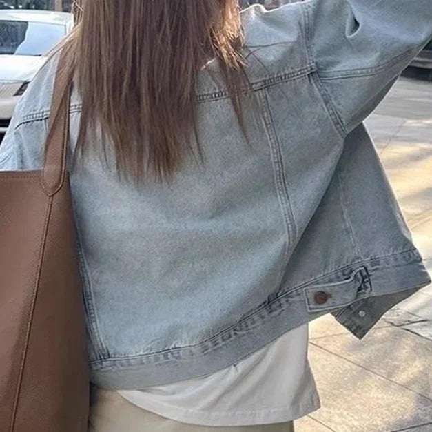 Giacca di jeans donna stile retro – Leggera e casual per primavera e autunno, maniche lunghe, taglio corto e ampio