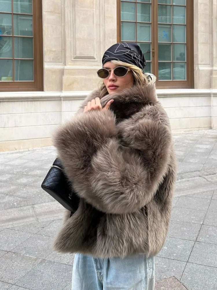 Giacca corta in pelliccia sintetica marrone donna 2025 – maniche lunghe, collo alto, stile urbano e caldo