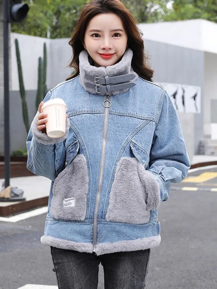 Giacca denim imbottita con pile fissato 2025 – giubbotto baggy da donna con colletto alto e interno caldo