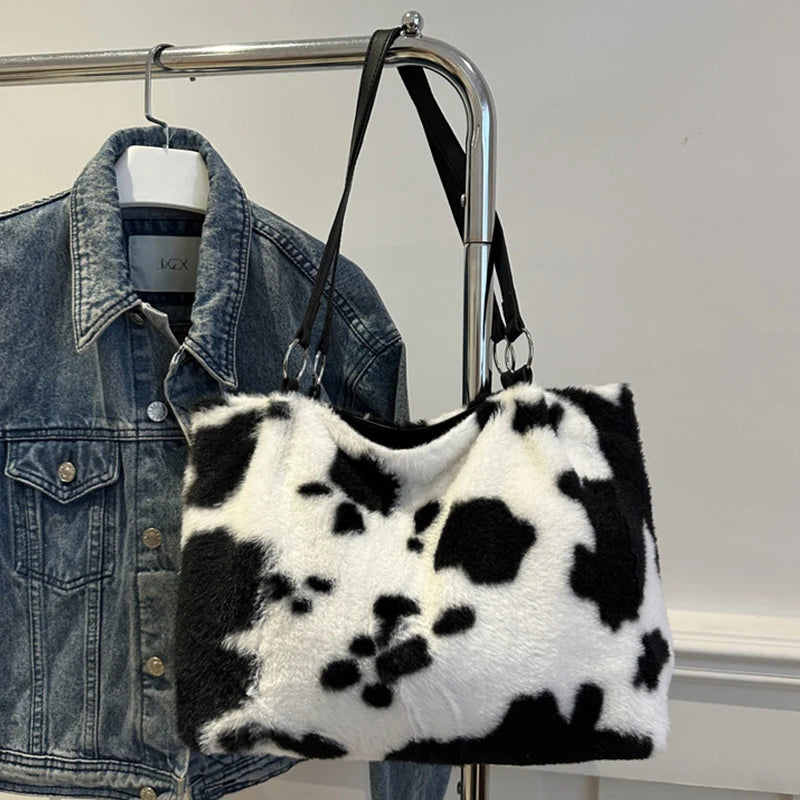 Borsa in Ecopelliccia Donna Animalier Mucca – Grande Capacità a spalla