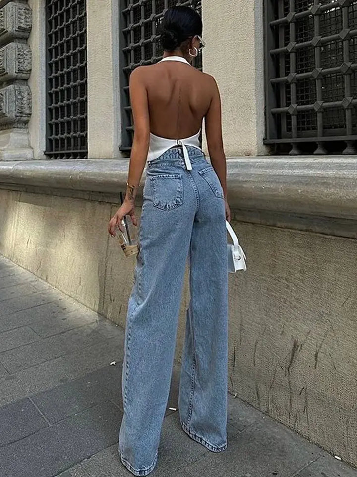 Jeans donna 2025 con pannelli mesh al ginocchio – denim hip-hop a vita alta, stile streetwear trasparente