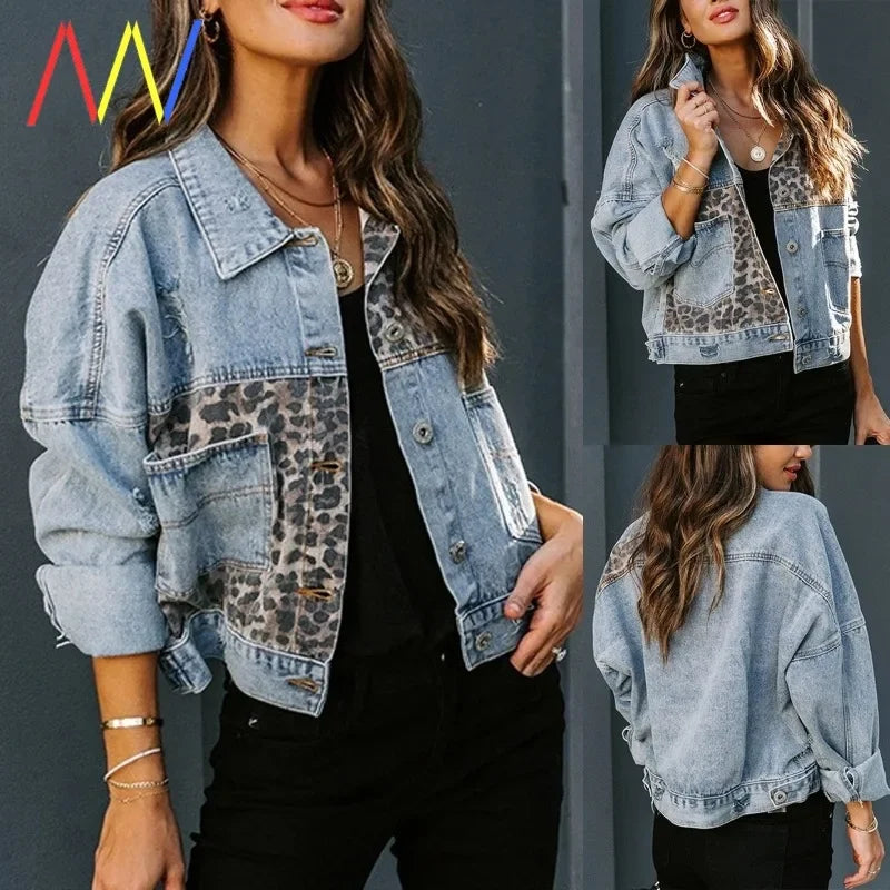 Giacca in denim donna con splicing leopardo – stile oversize 2025, maniche lunghe, collo classico