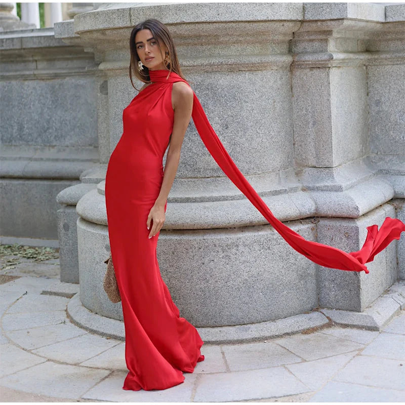 Abito da sera in raso con fiocco per donna – abito elegante schiena scoperta
