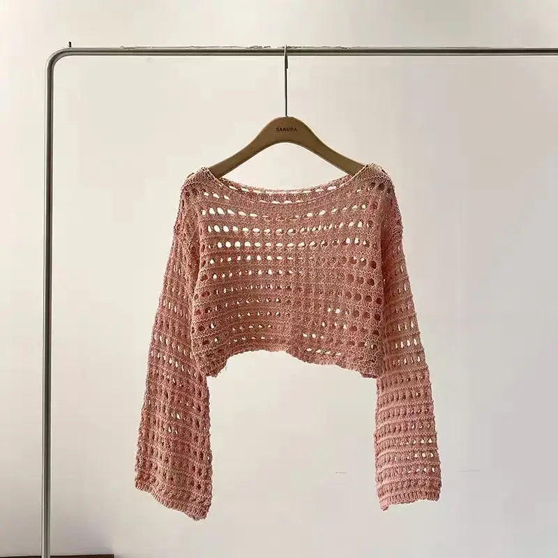 Top a manica lunga in maglia crochet donna –  boho chic trasparente