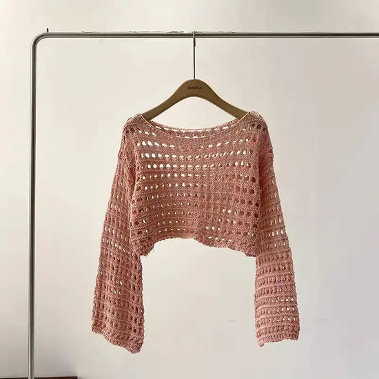 Top a manica lunga in maglia crochet donna –  boho chic trasparente
