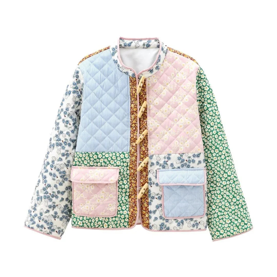 Giacca imbottita donna vintage patchwork floreale – Cappotto cotone con imbottitura, stile casual e warm streetwear