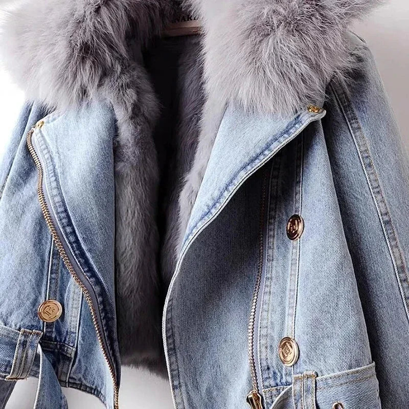 Giacca in denim con colletto in pelliccia di volpe sintetica per donna – Giacca corta imbottita con fodera in pelliccia di coniglio, per l'inverno