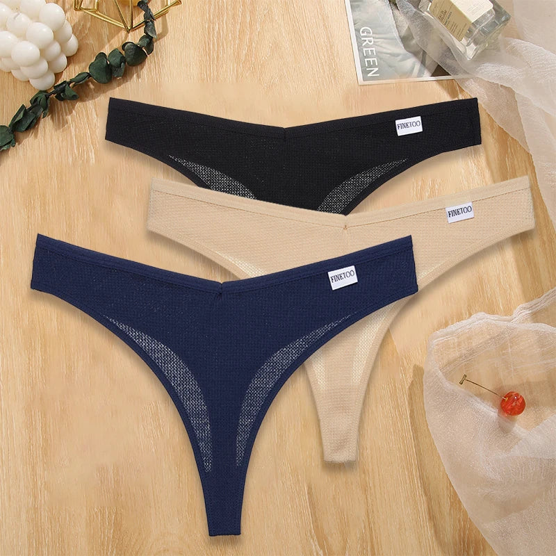 Set 3 pezzi perizomi donna G-string in cotone waffle a vita bassa – underwear sexy comfort quotidiano