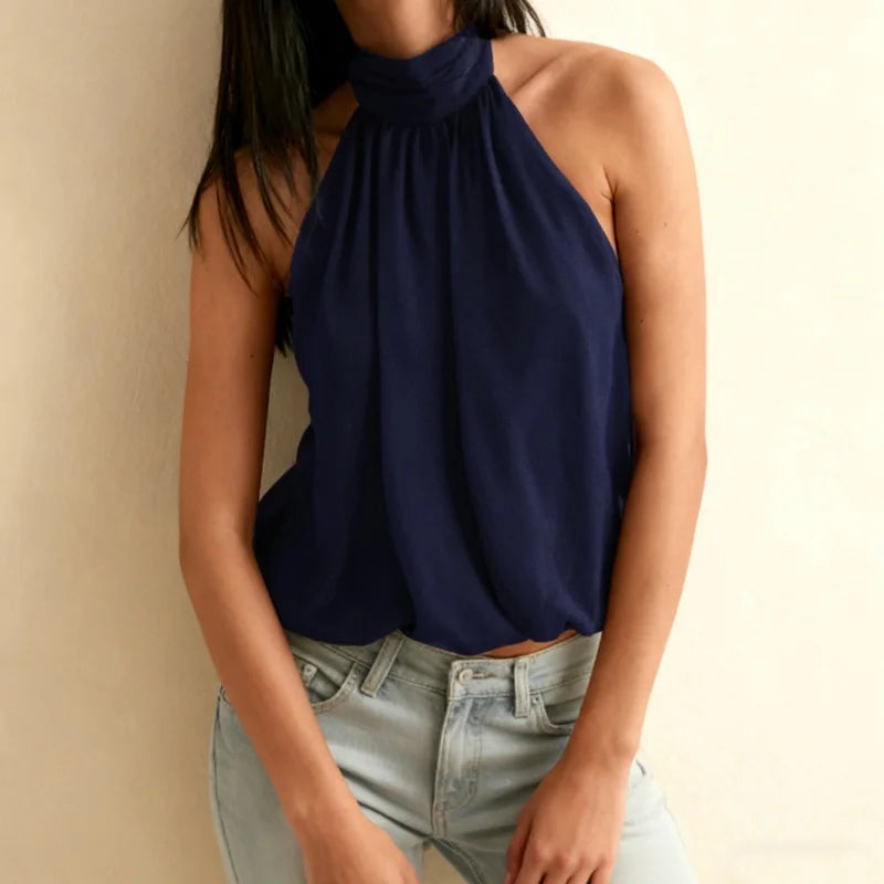 Women Puffy Halter Top Bubble Hem Pleated Halterneck Tank Top Elegant Sexy Backless Going Out Crop Camisole