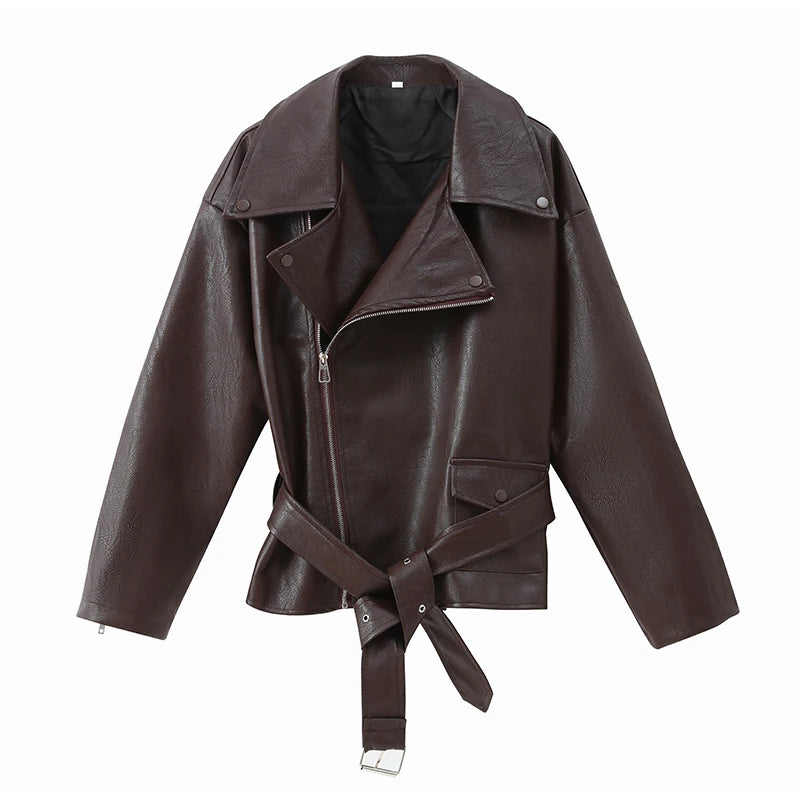 Giacca bomber donna marrone vintage con collo a rever, cintura e zip ‒ outerwear street chic autunno/inverno 2025