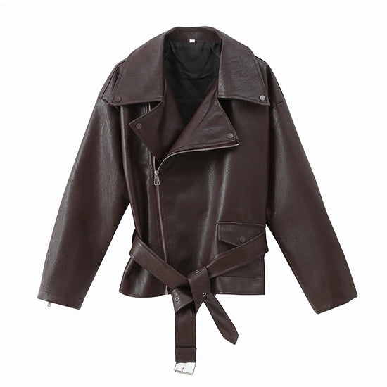 Giacca bomber donna marrone vintage con collo a rever, cintura e zip ‒ outerwear street chic autunno/inverno 2025