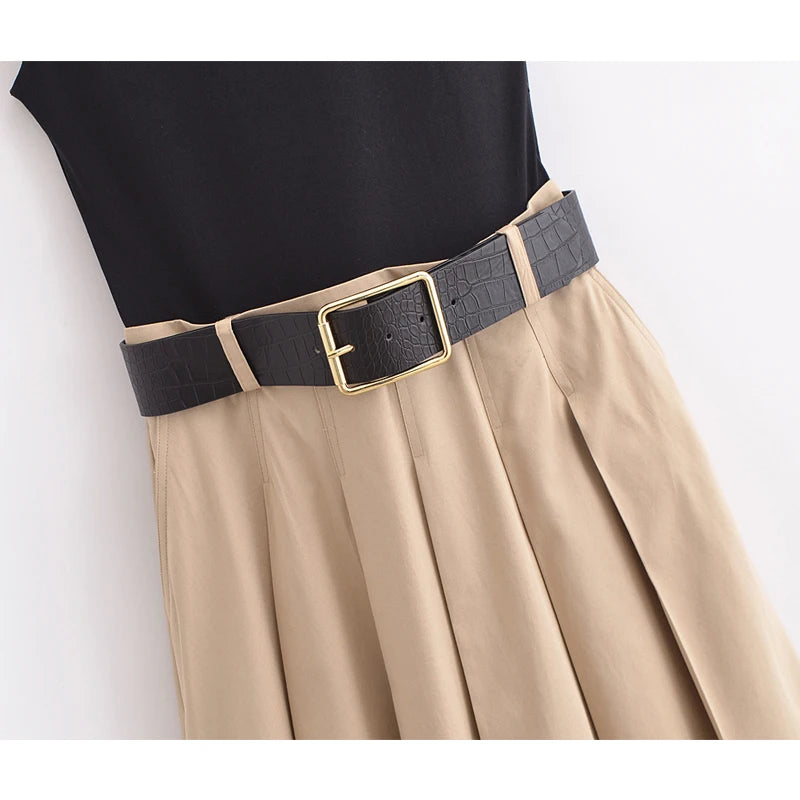 Vestito midi estivo senza maniche con cintura – elegante e plissettato
