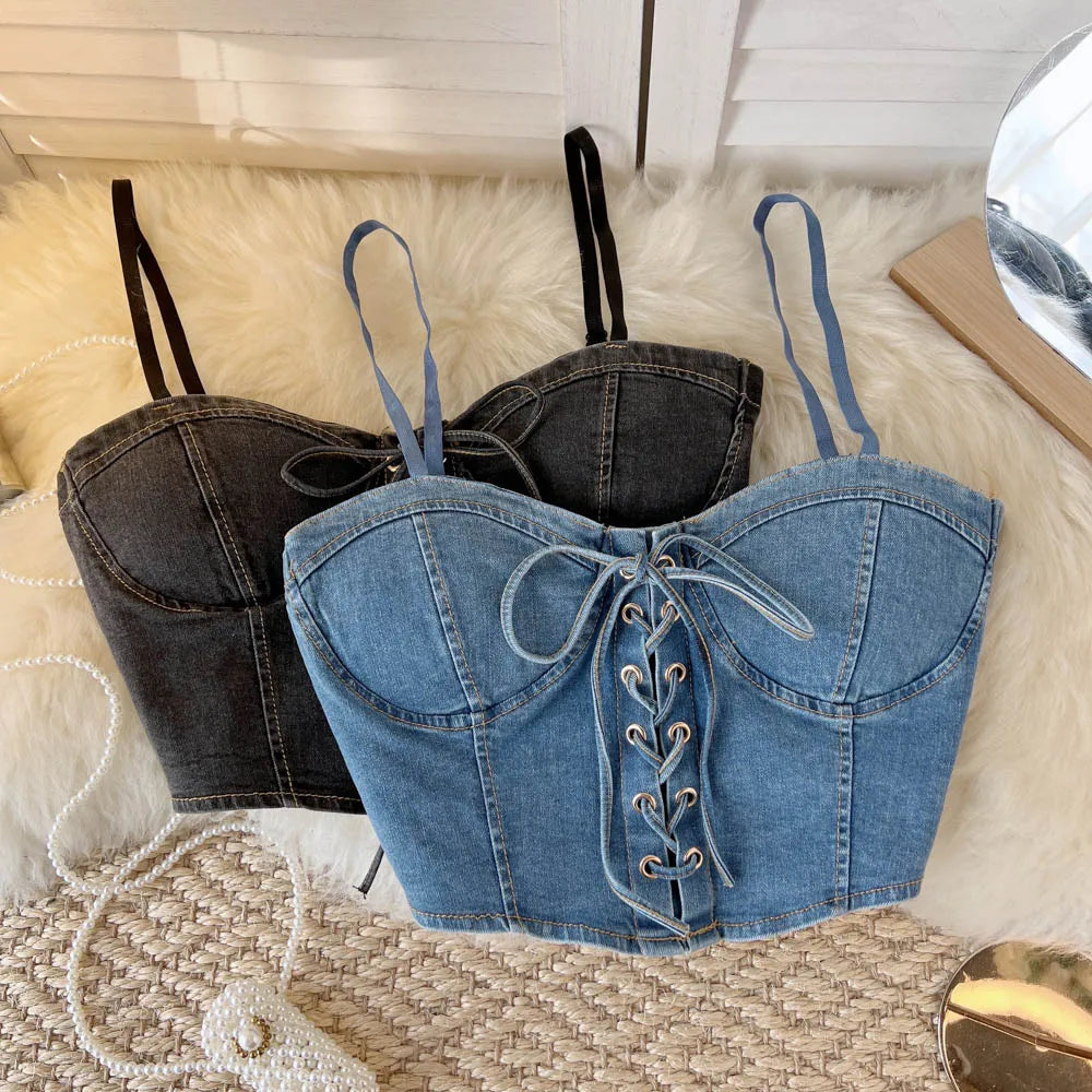 Top Denim Corsetto con Reggiseno Integrato – Crop Top Donna
